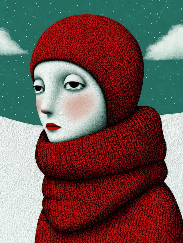 Stylized Figure with Red Hat and Scarf