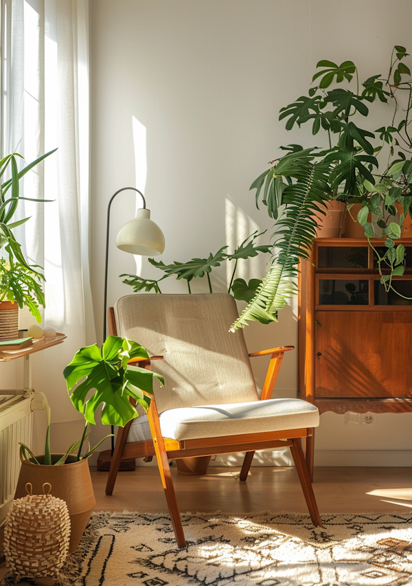 Serene Indoor Garden with Mid-Century Modern Chair