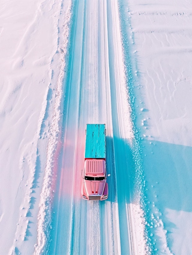 Pink Truck on a Snow-Covered Road