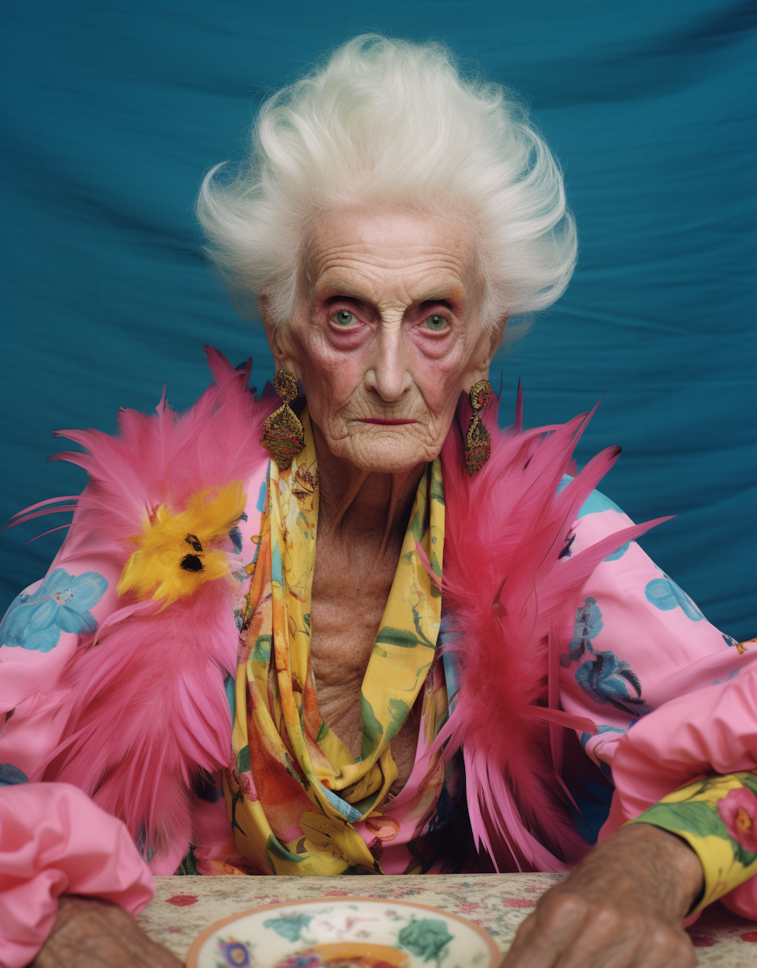 Eccentric Elegance: Portrait of an Elderly Woman in Vibrant Attire