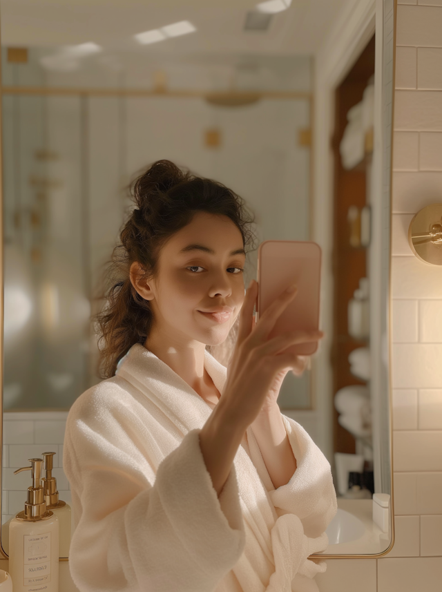 Young Woman Taking a Selfie in Warmly Lit Bathroom