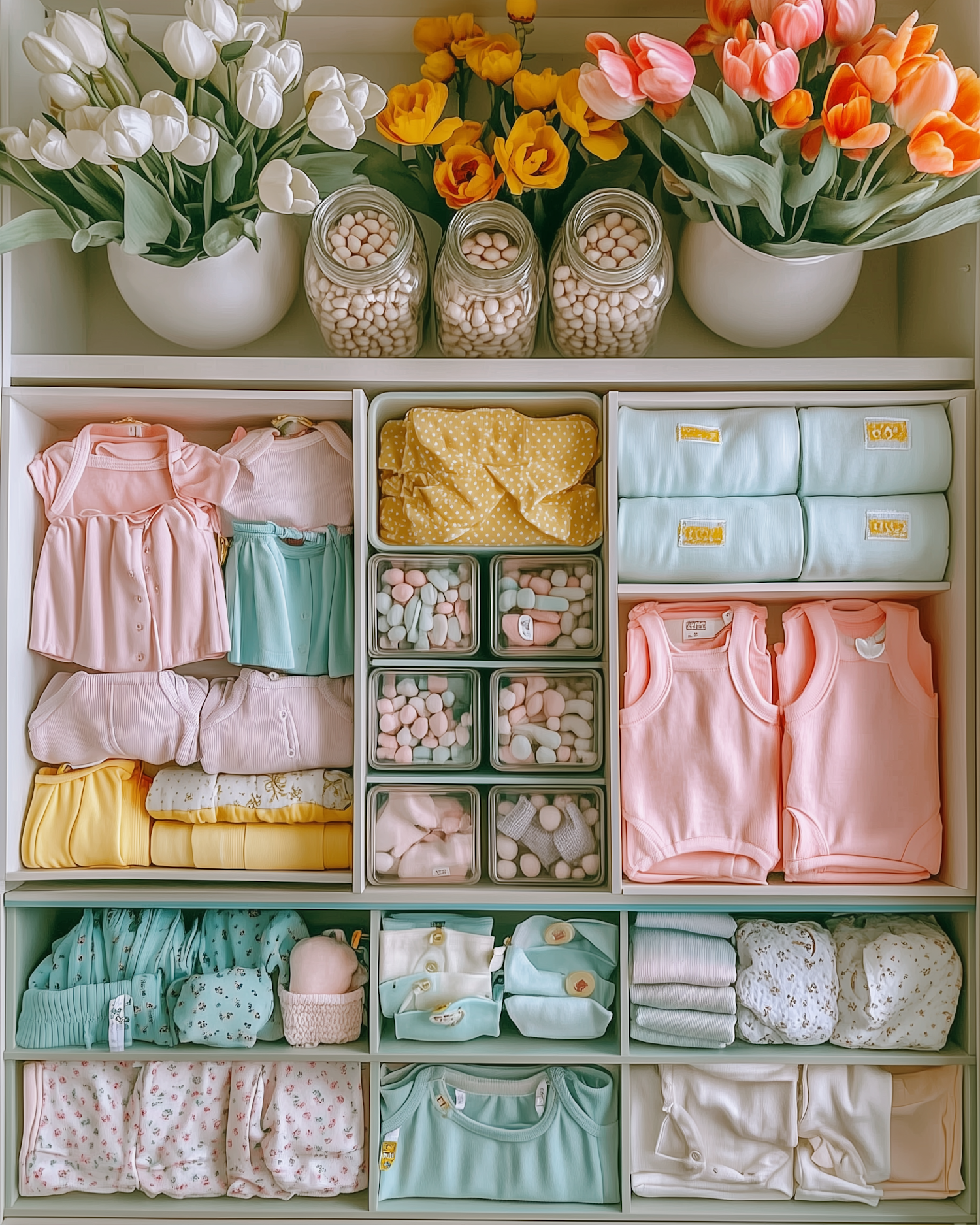 Organized Baby Clothing Storage with Flowers