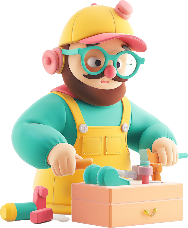 Whimsical Toy Character with Toolbox