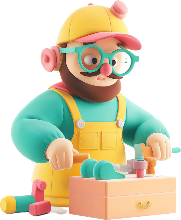 Whimsical Toy Character with Toolbox