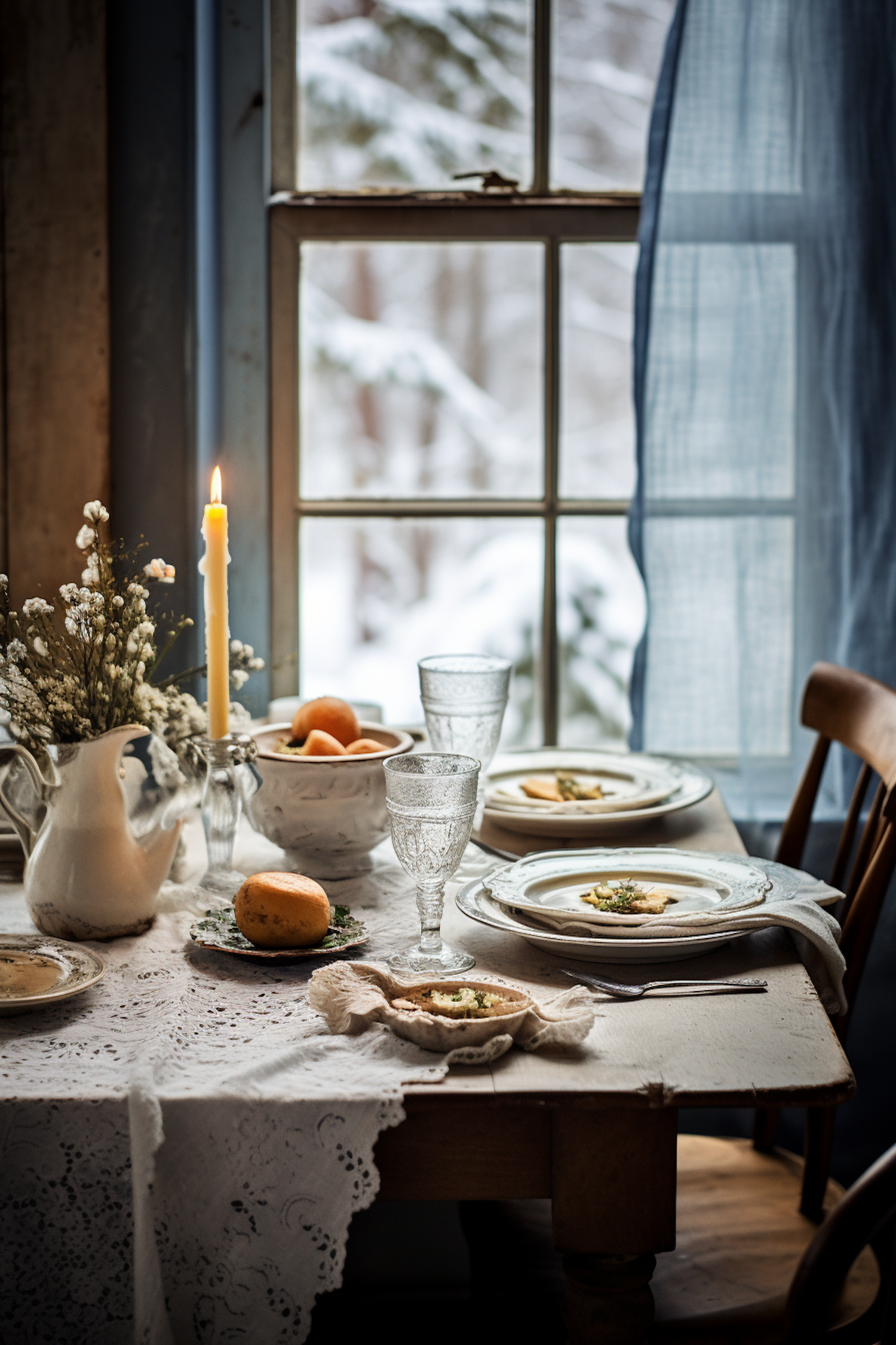 Winter Comfort: Cozy Dining by a Snowy View