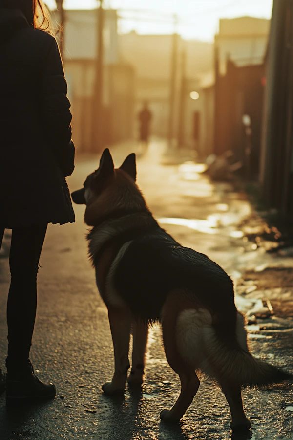 Person with German Shepherd in Alleyway