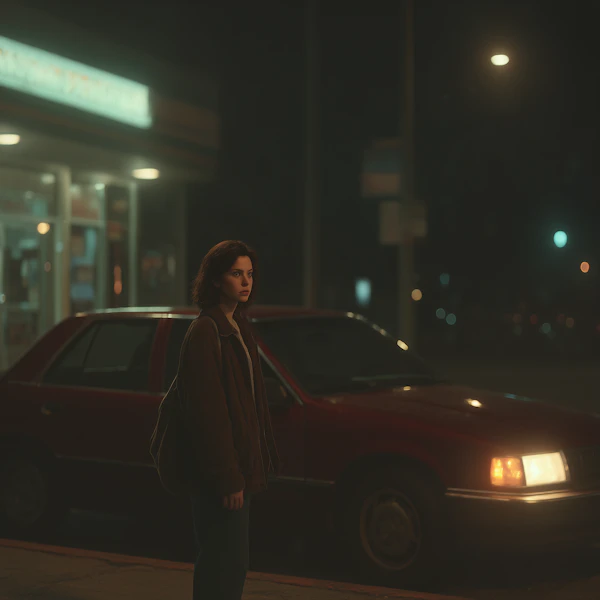 Woman by Red Car at Night