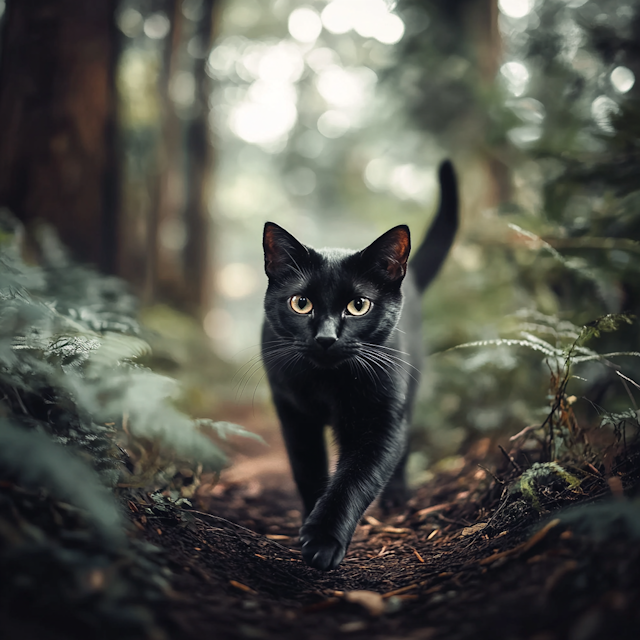 Sleek Black Cat in Forest