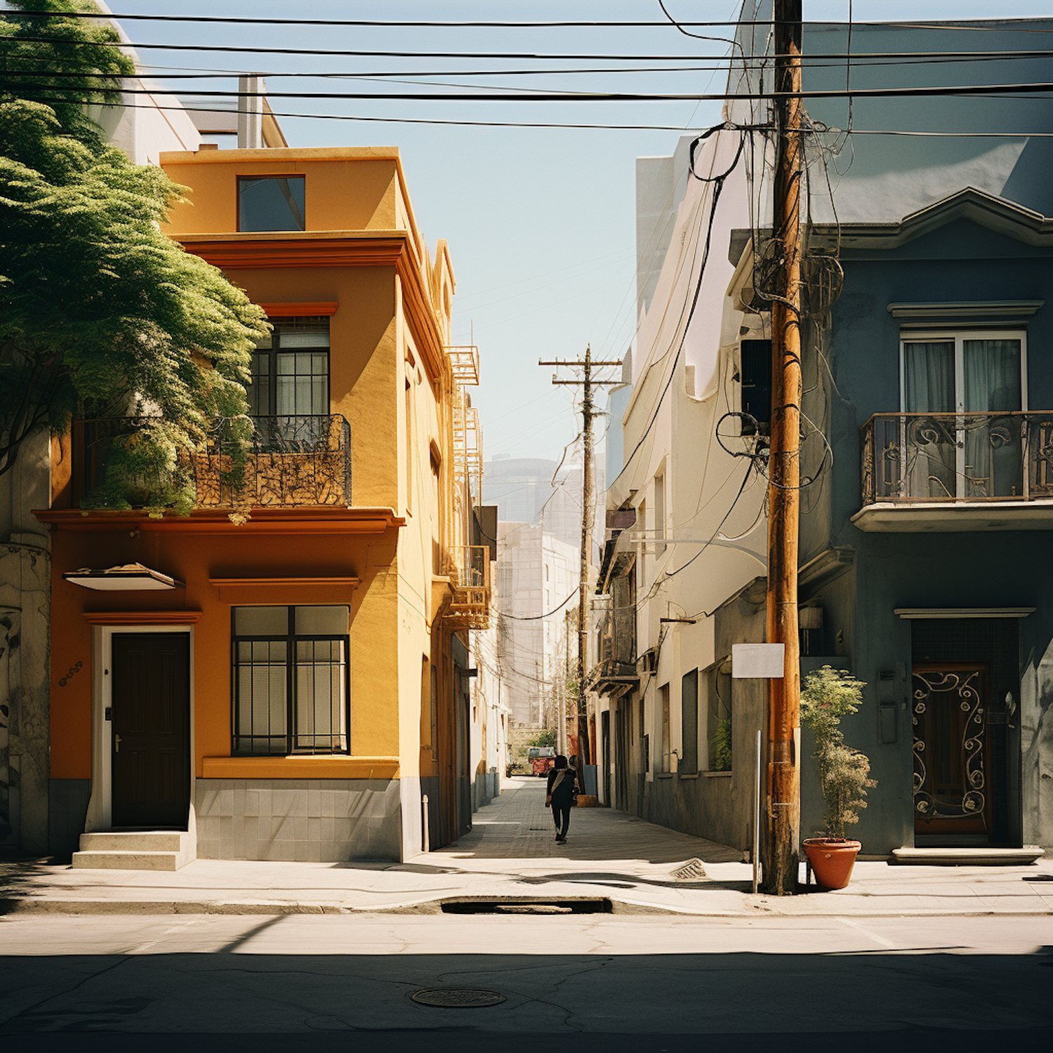 Sunlit Serenity on Colorful Urban Street