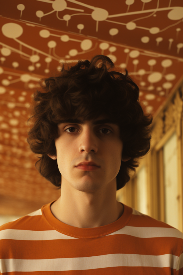 Contemplative Curly-Haired Young Man in Striped Shirt