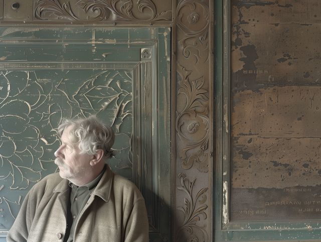 Elderly Man Contemplating Beside an Ornate Wall