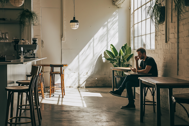 Serene Study: Sunlit Café Solitude