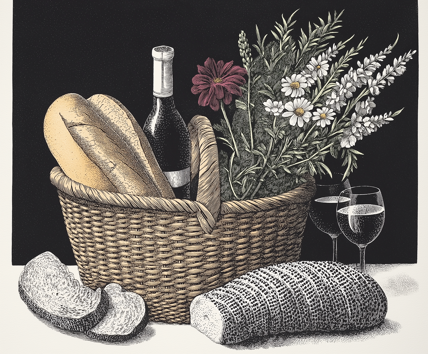 Monochrome Picnic Basket Illustration