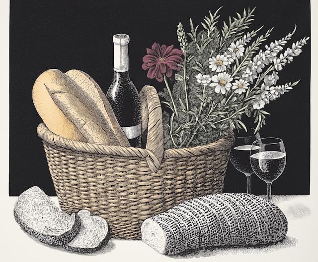 Monochrome Picnic Basket Illustration