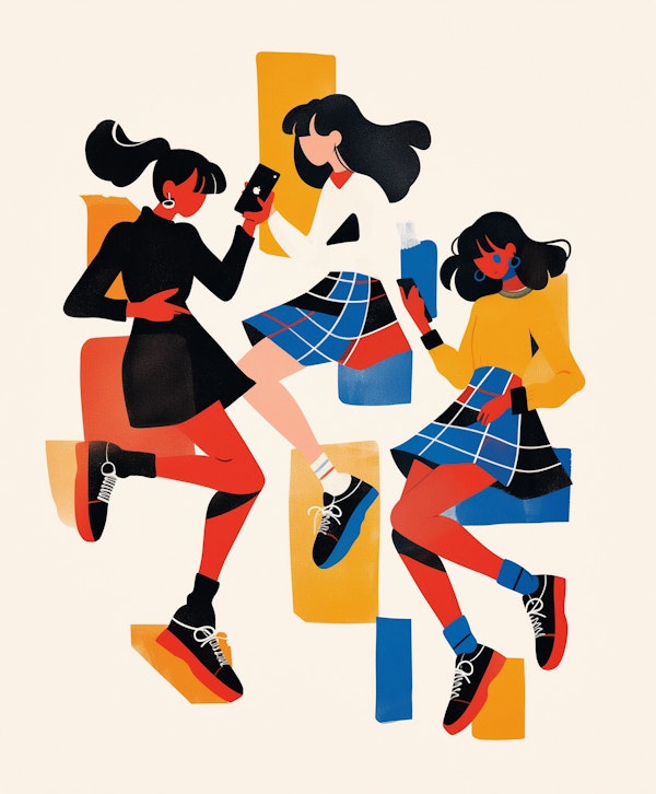 Stylized Female Figures with Smartphones