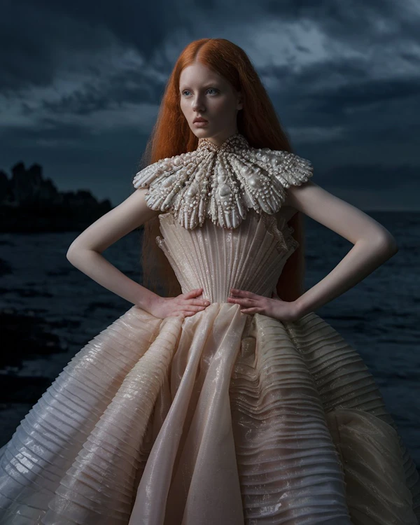 Ethereal Woman in Ornate Gown