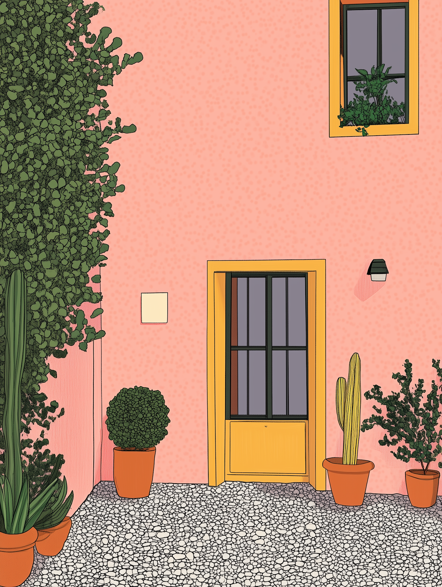 Charming Exterior with Pastel Pink Wall and Potted Plants