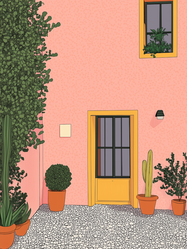 Charming Exterior with Pastel Pink Wall and Potted Plants