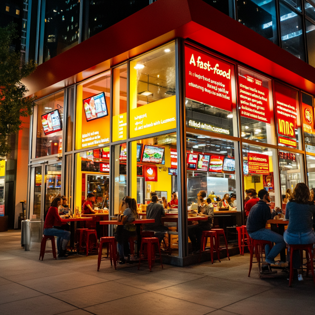 Brightly Lit Urban Fast-Food Restaurant at Night