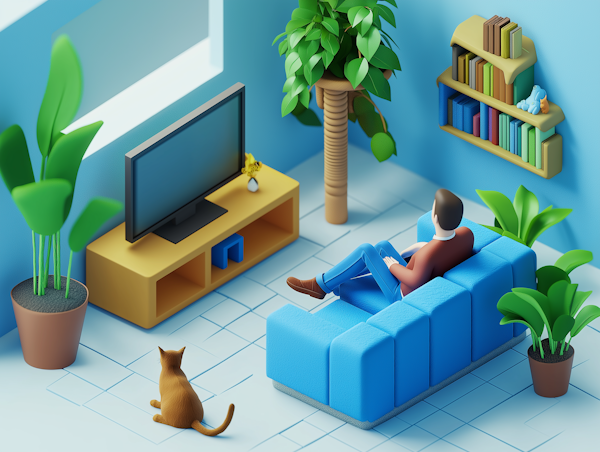 Stylized 3D illustration of a relaxed living room scene