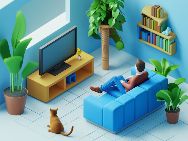 Stylized 3D illustration of a relaxed living room scene