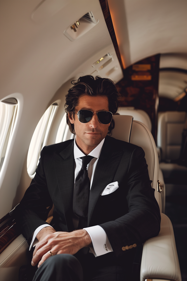 Sophisticated Man in Luxury Aircraft Cabin