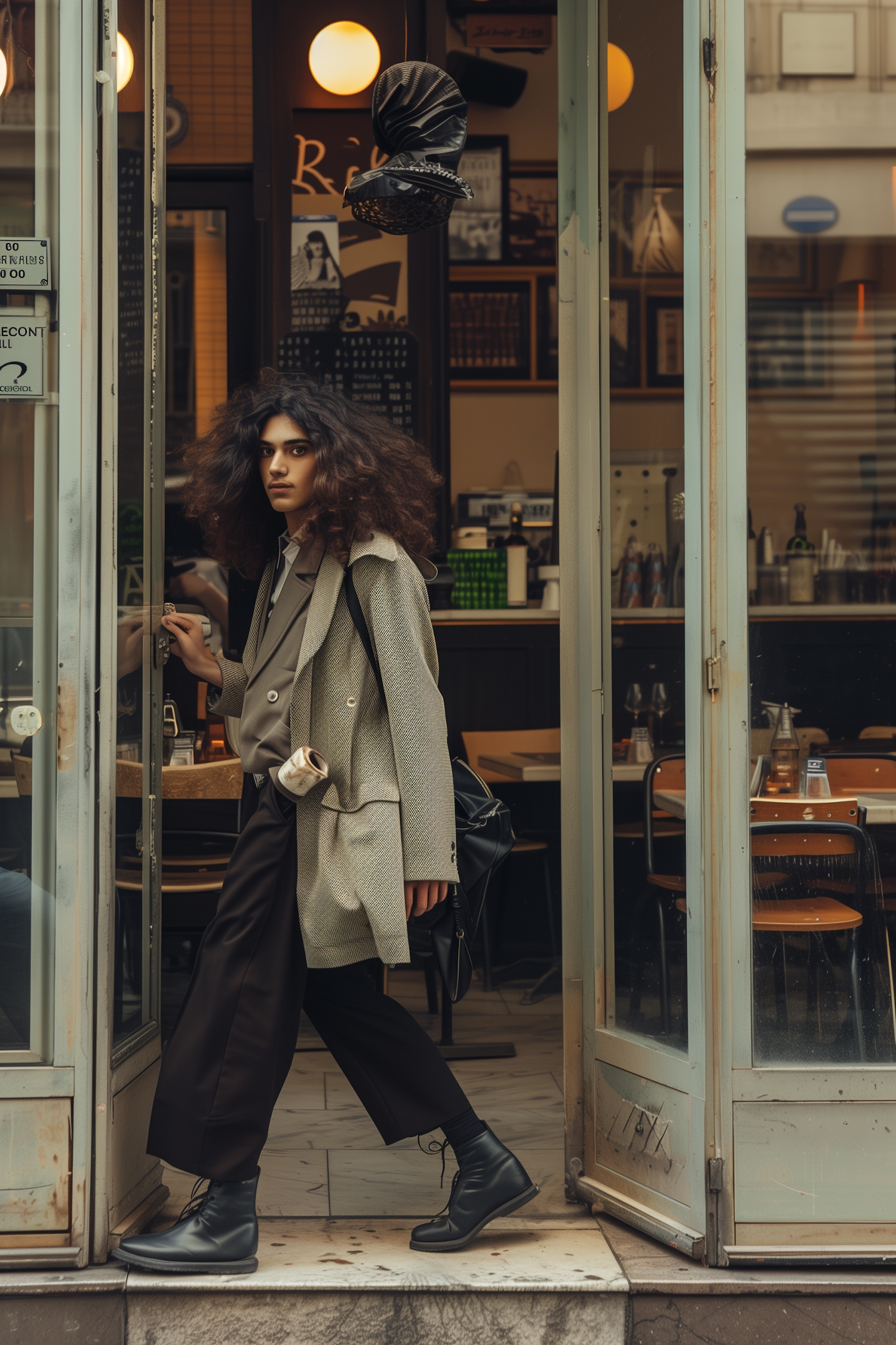 Elegant Woman Exiting Café