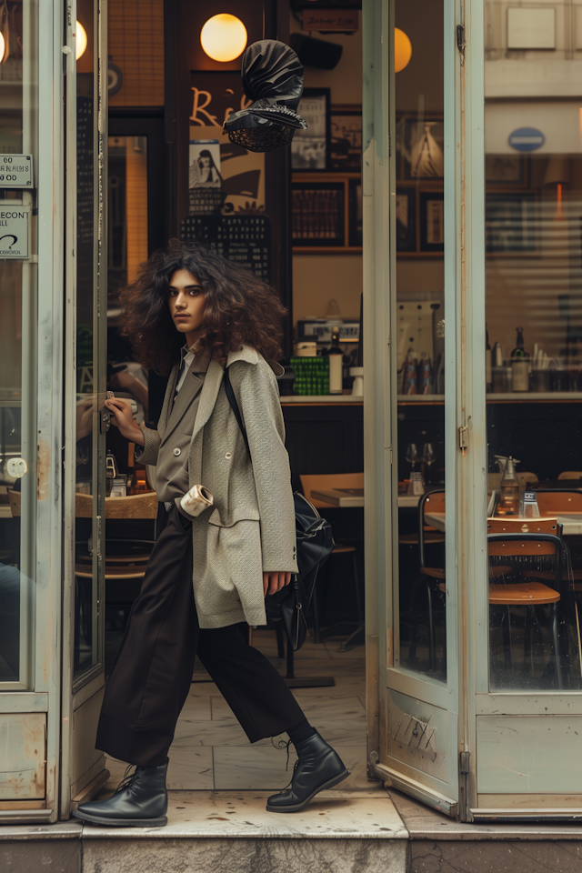 Elegant Woman Exiting Café