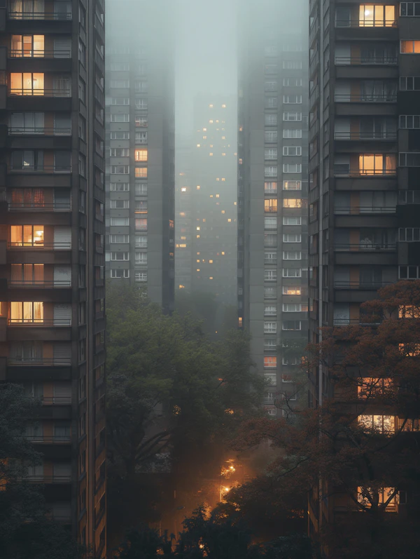 Urban Dusk Amidst Fog