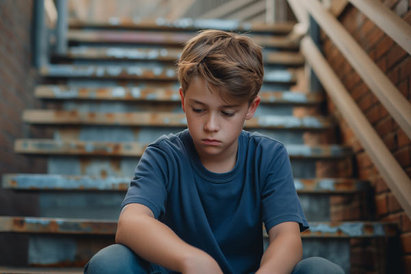 Contemplative Boy on Urban Stairs