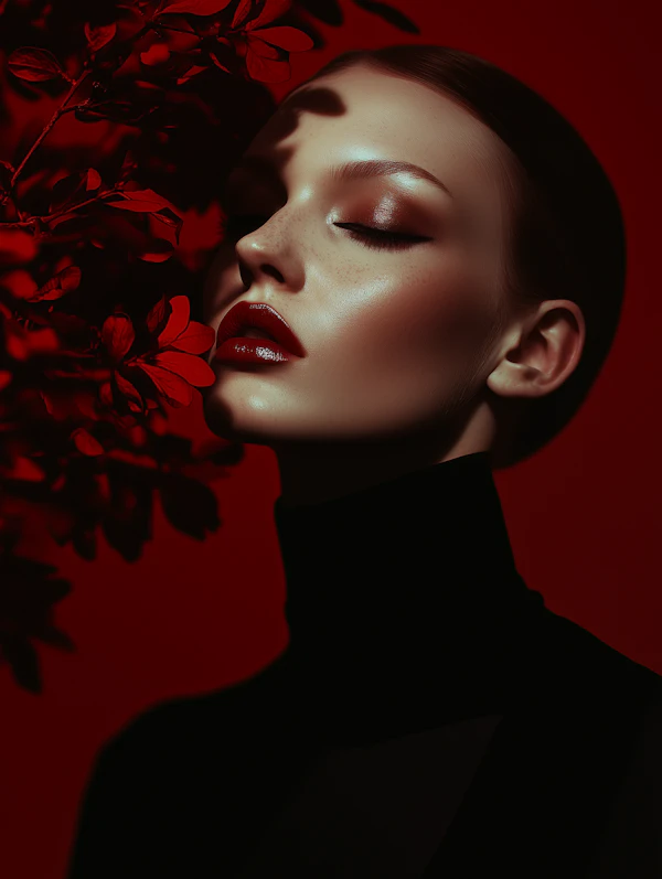 Serene Portrait with Red Leaves