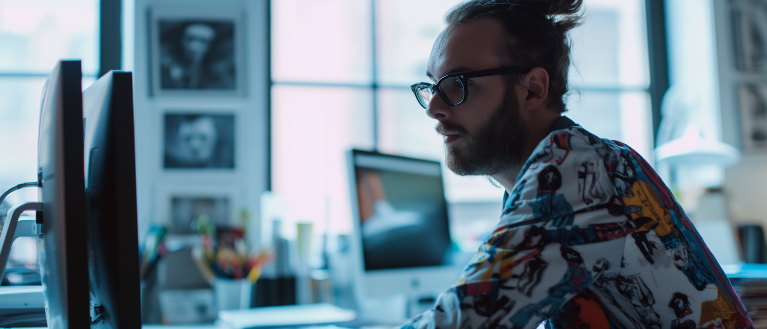 Man Working at Computer with Comic Book-Style Shirt