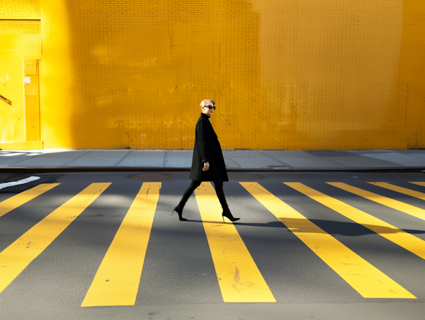 Woman Crossing Zebra Crossing Against Yellow Wall