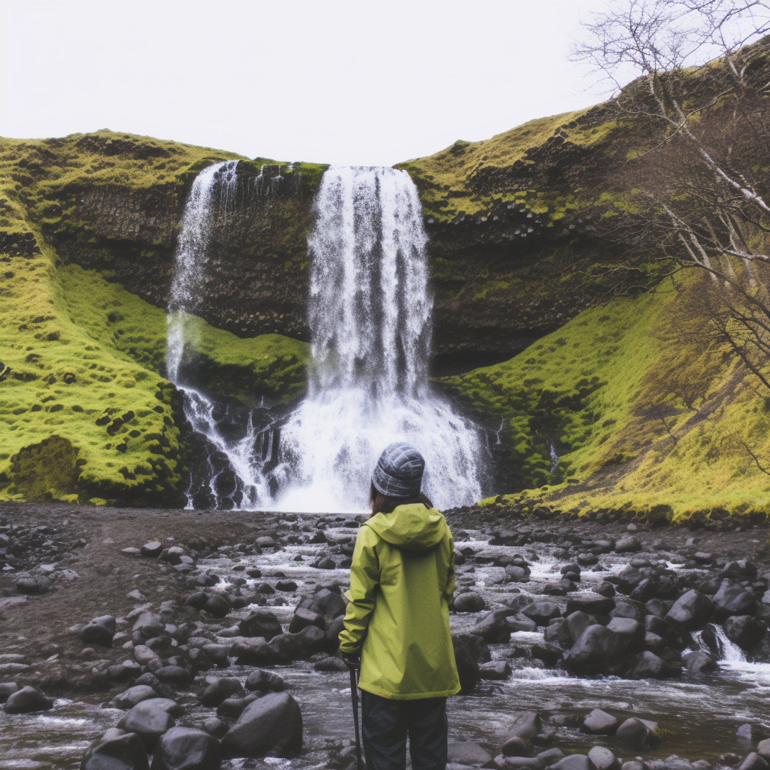 Hiker Admiring Majestic Waterfall