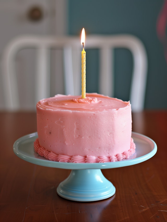 Pink Birthday Cake on Blue Stand