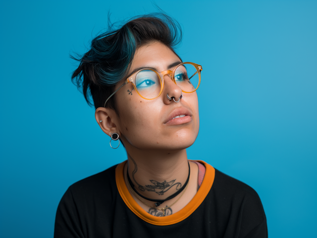 Pensive Individual with Blue Hair and Tattoo