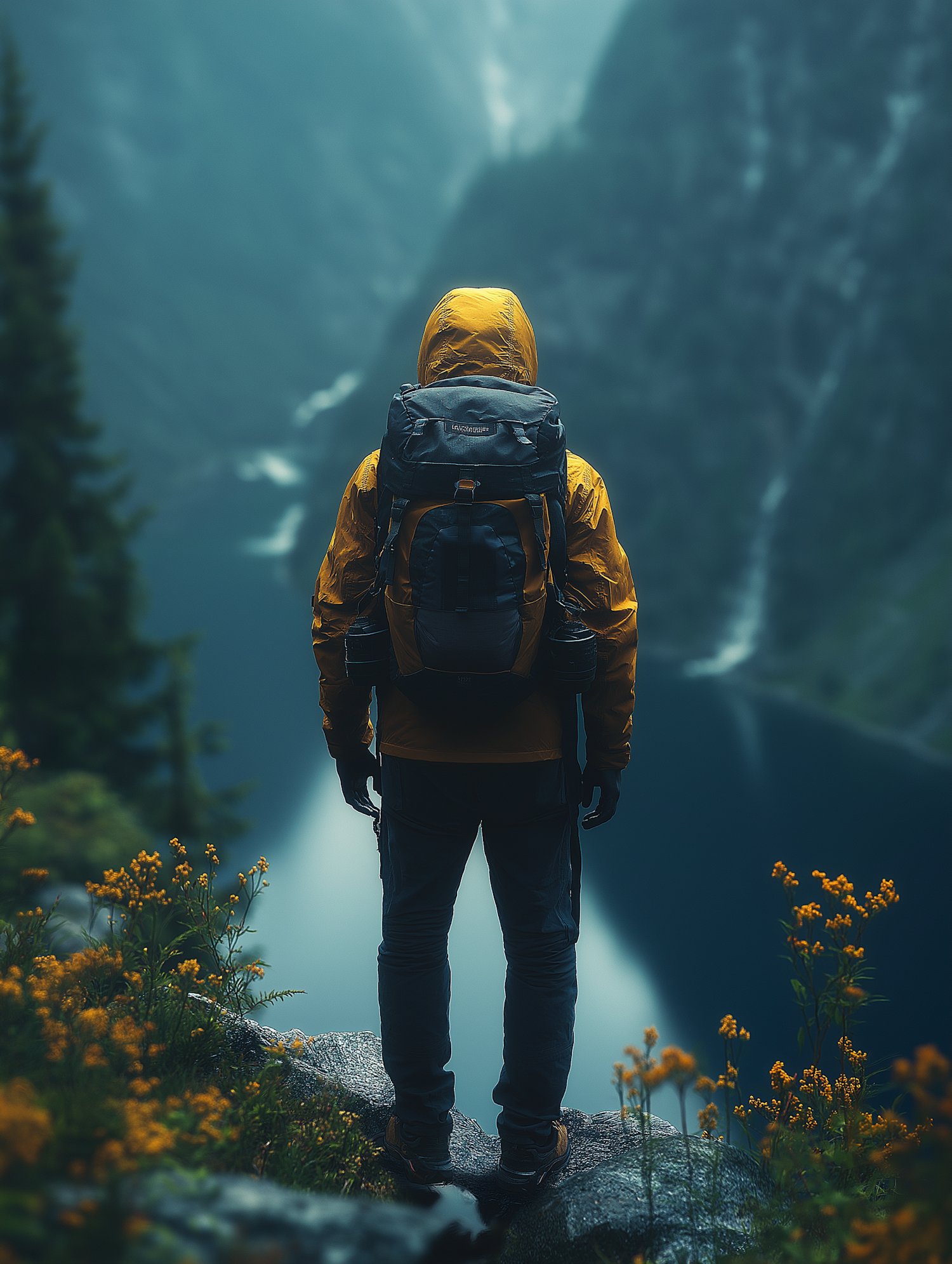 Hiker Overlooking Misty Valley