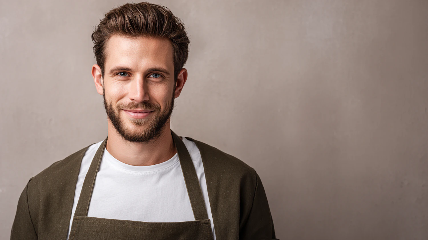 Lou Bennett, a bearded barber in a green apron over a white shirt, smiling