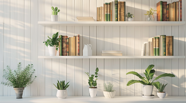 Tranquil Shelves with Plants and Books