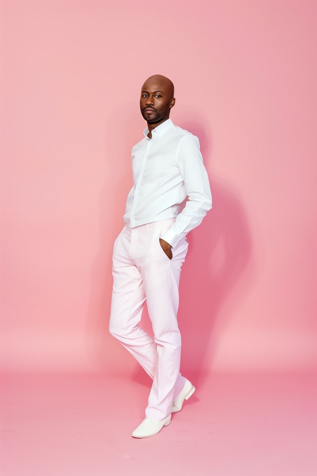 Confident man in white against pink