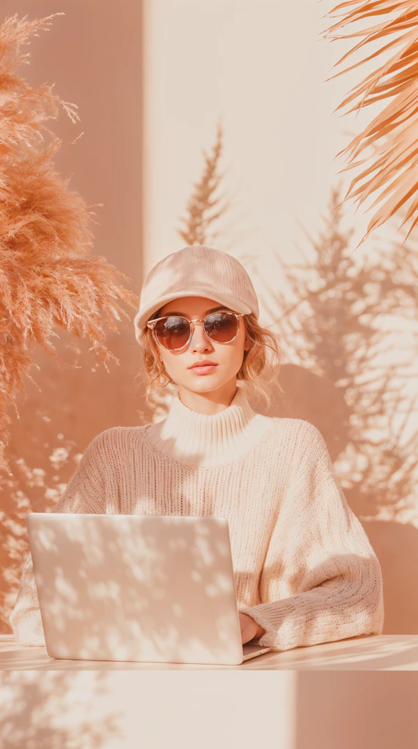 Woman with Laptop in Warm Monochromatic Setting