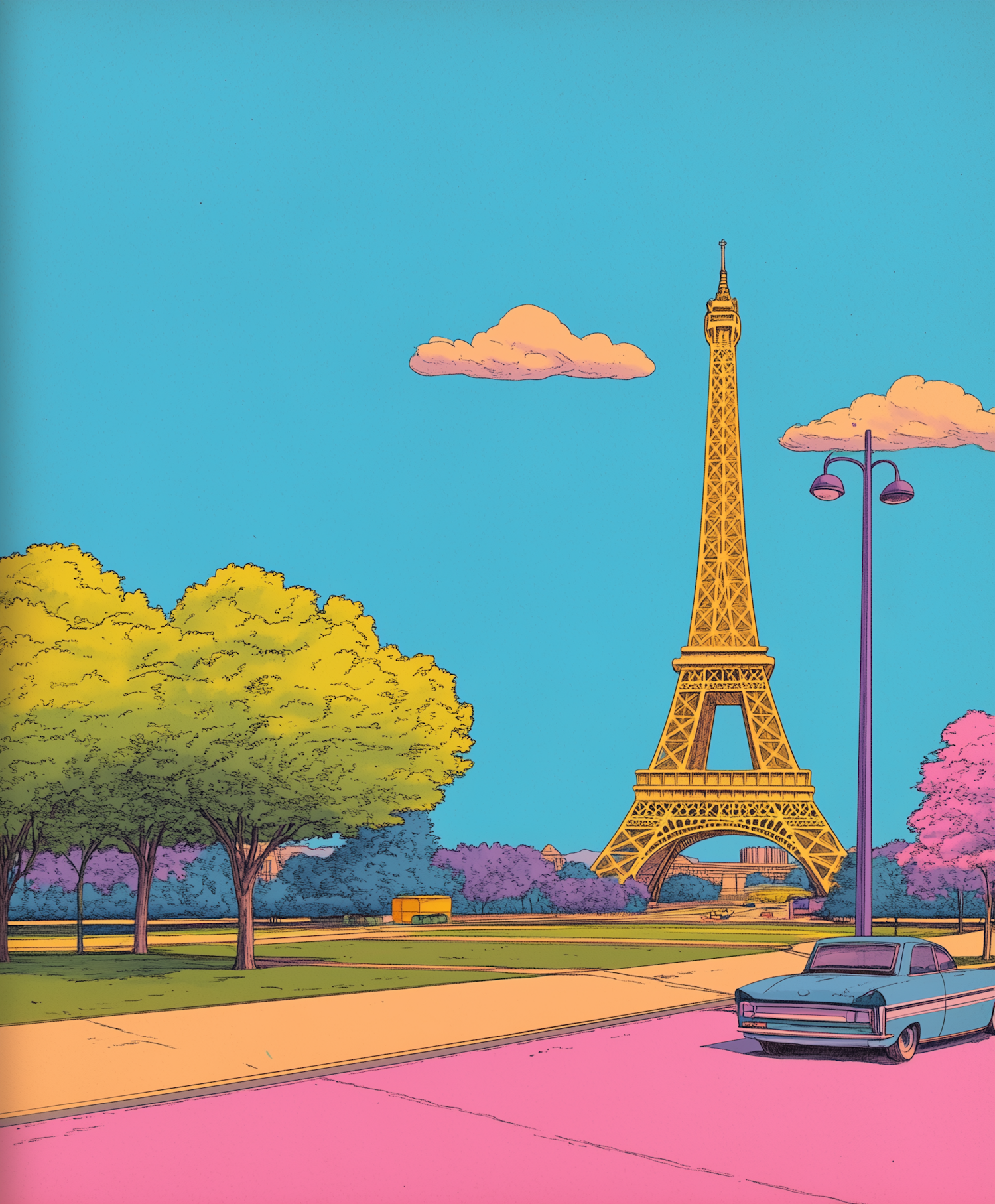 Stylized Eiffel Tower with Vintage Car