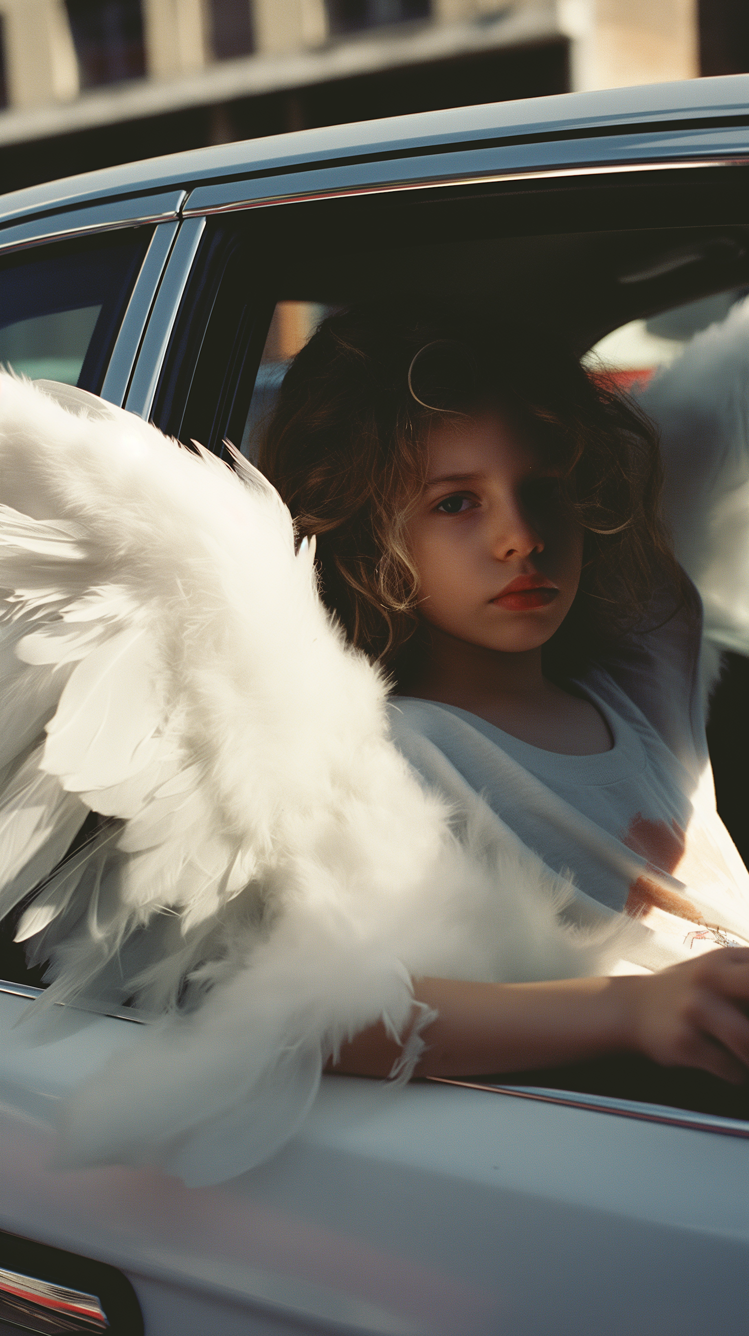 Contemplative Girl with Feather Boa in Car