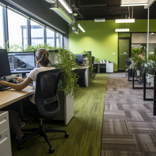 Focused Professional in a Green-Themed Modern Office