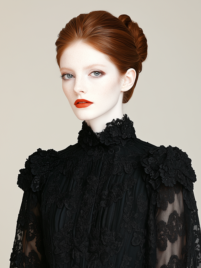 Elegant Red-Haired Woman in Black Lace Dress