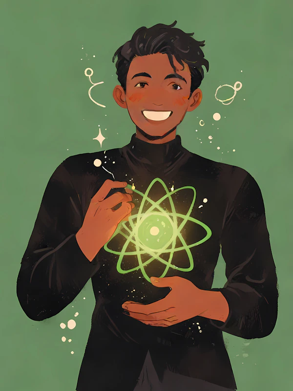 Smiling Individual with Glowing Atom Symbol