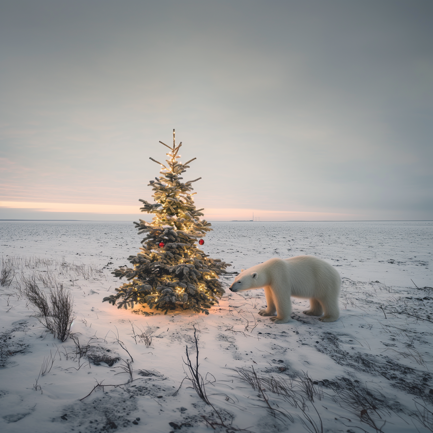 Serene Winter Scene with Christmas Tree and Polar Bear