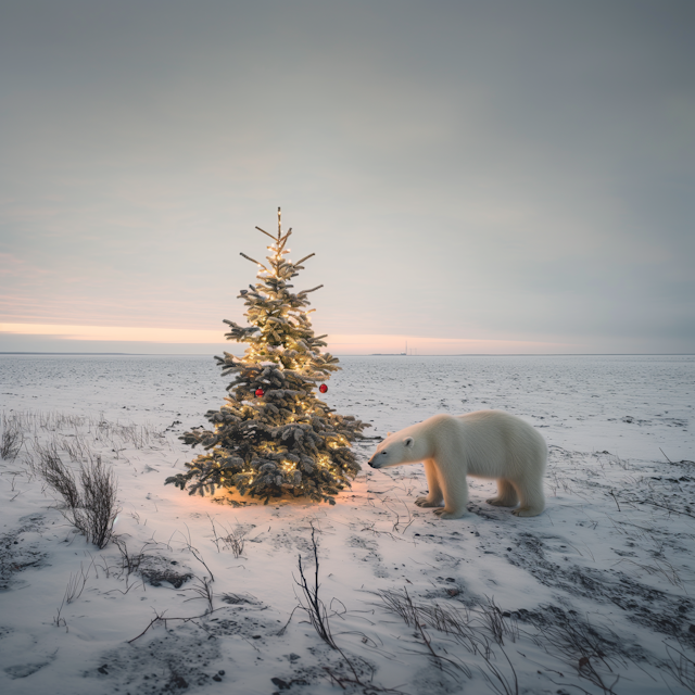 Serene Winter Scene with Christmas Tree and Polar Bear