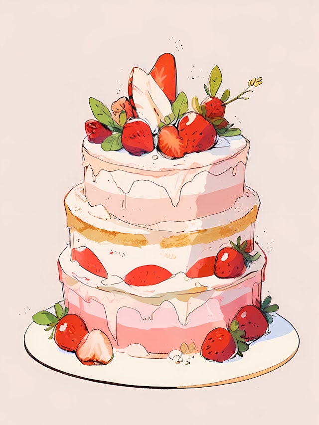 Whimsical Strawberry Cake Illustration