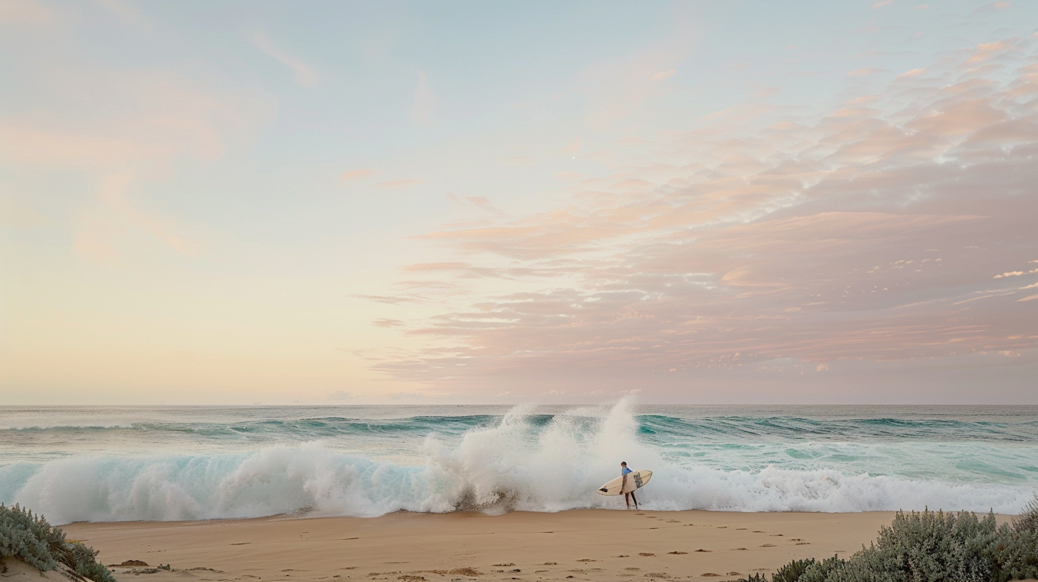 Serene Beach Scene with Surfer